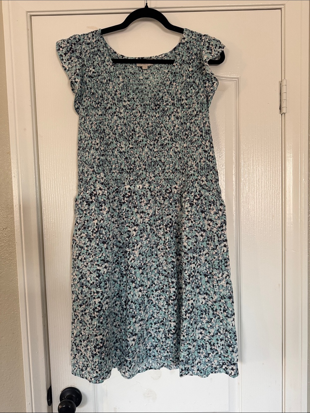 LOFT Mint Blue Floral Smocked Cap-Sleeve Dress